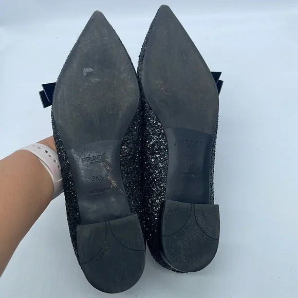 Prada Black Glitter leather bow logo embellished pointed toe ballet flats 38.5 - Picture 8 of 11